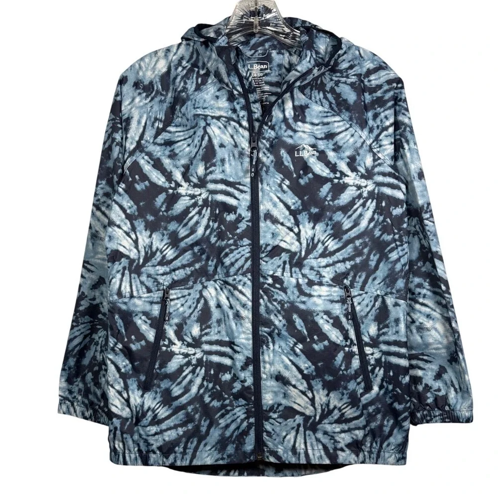 LL BEAN Kids Windbreaker Rain Jacket, Hooded, Blue Tie Dye, Size Large 14-16